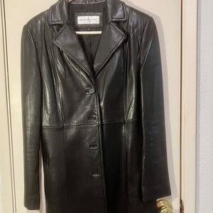 Jones New York LONG Coat  Vintage Classic Black Leather  Small  3/4 length